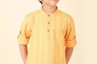 Yellow Cotton Striped Short Kurta