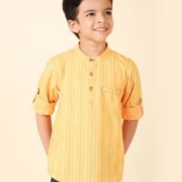 Yellow Cotton Striped Short Kurta