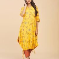 NUIndian Yellow Cotton Printed Slim Fit Kurta