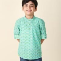 Teal Cotton Printed Short Kurta