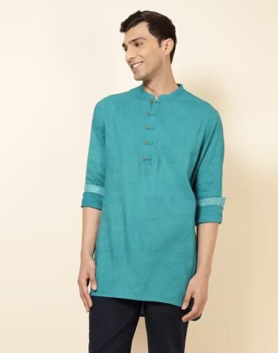 NUIndian Teal Cotton Printed Slim Fit Short Kurta - Image 2