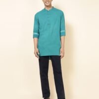 NUIndian Teal Cotton Printed Slim Fit Short Kurta