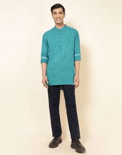 NUIndian Teal Cotton Printed Slim Fit Short Kurta