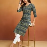 Indigo Cotton Ajrakh Printed Long Kurta