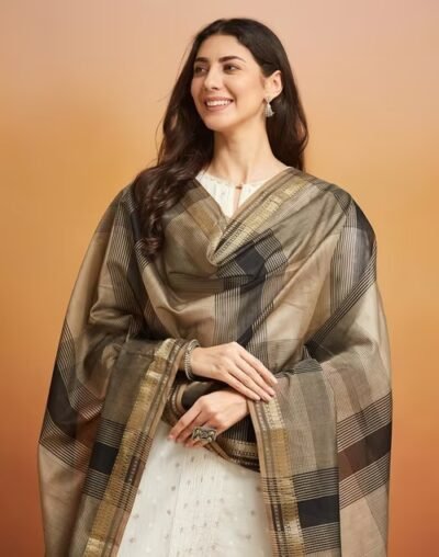 Grey Cotton Silk Blend Maheshwari Dupatta - Image 3