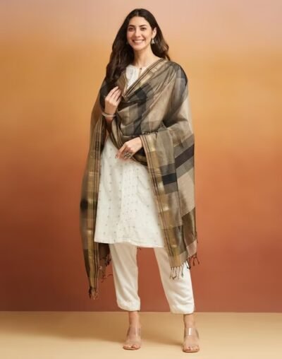 Grey Cotton Silk Blend Maheshwari Dupatta - Image 2