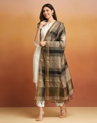 Grey Cotton Silk Blend Maheshwari Dupatta