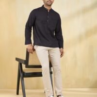 Black Cotton Mid Placket Shirt