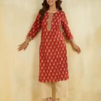 Maroon Cotton Printed Long Kurta