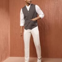 Grey Cotton Dobby Slim Fit Vest Jacket