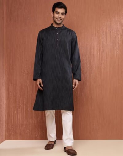 Black Wool Woven Kurta Long - Image 4