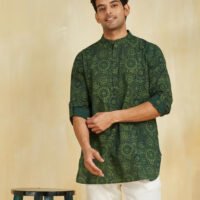 Green Cotton Dabu Printed Slim Fit Short Kurta