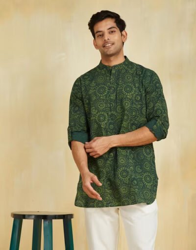 Green Cotton Dabu Printed Slim Fit Short Kurta