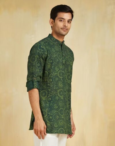 Green Cotton Dabu Printed Slim Fit Short Kurta - Image 2