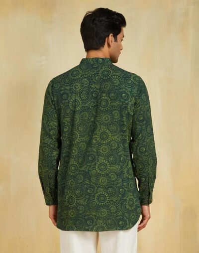 Green Cotton Dabu Printed Slim Fit Short Kurta - Image 3