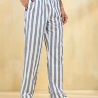White Cotton Striped Drawstring Pant
