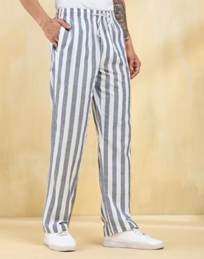 White Cotton Striped Drawstring Pant