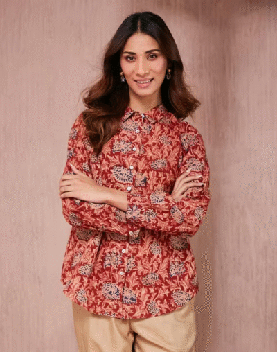 Red Cotton Kalamkari Printed Shirt