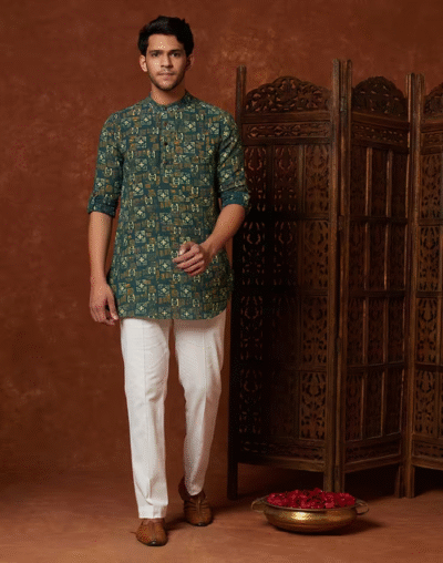 Green Cotton Printed Slim Fit Short Kurta - Image 3