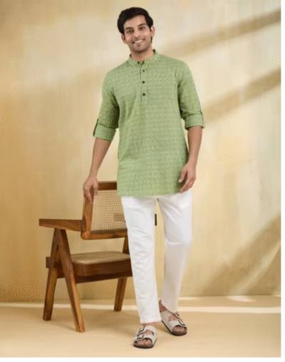 Green Cotton Hand Block Printed Slim Fit Short Kurta - Image 3