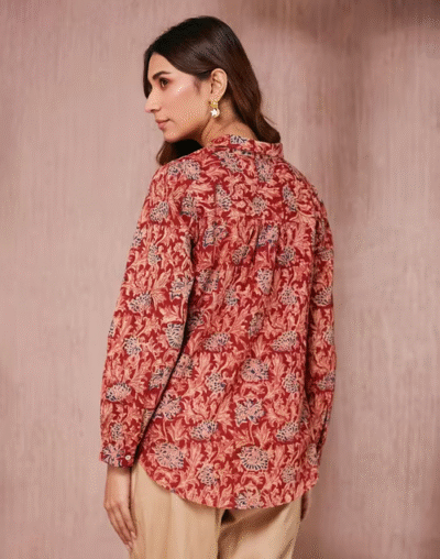 Red Cotton Kalamkari Printed Shirt - Image 2