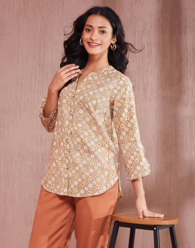 Beige Cotton Printed Shirt