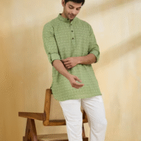 Green Cotton Hand Block Printed Slim Fit Short Kurta
