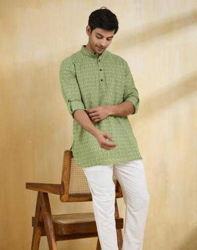 Green Cotton Hand Block Printed Slim Fit Short Kurta