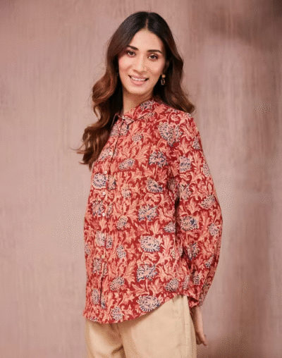 Red Cotton Kalamkari Printed Shirt - Image 3