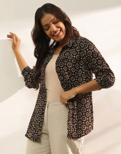 Black Cotton Bagru Printed Shirt - Image 2