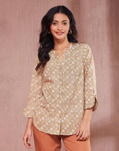 Beige Cotton Printed Shirt - Image 2