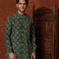 Green Cotton Printed Slim Fit Short Kurta