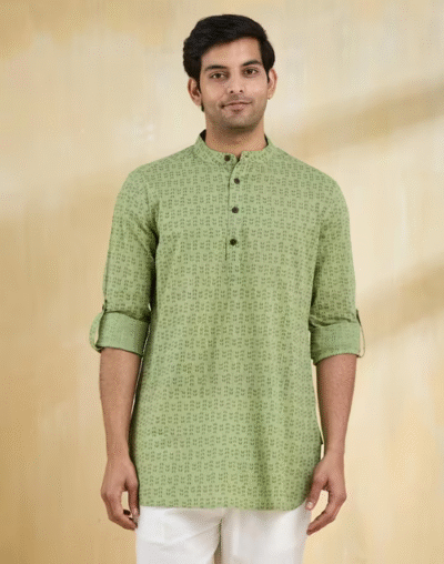 Green Cotton Hand Block Printed Slim Fit Short Kurta - Image 2