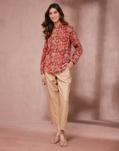 Red Cotton Kalamkari Printed Shirt - Image 4